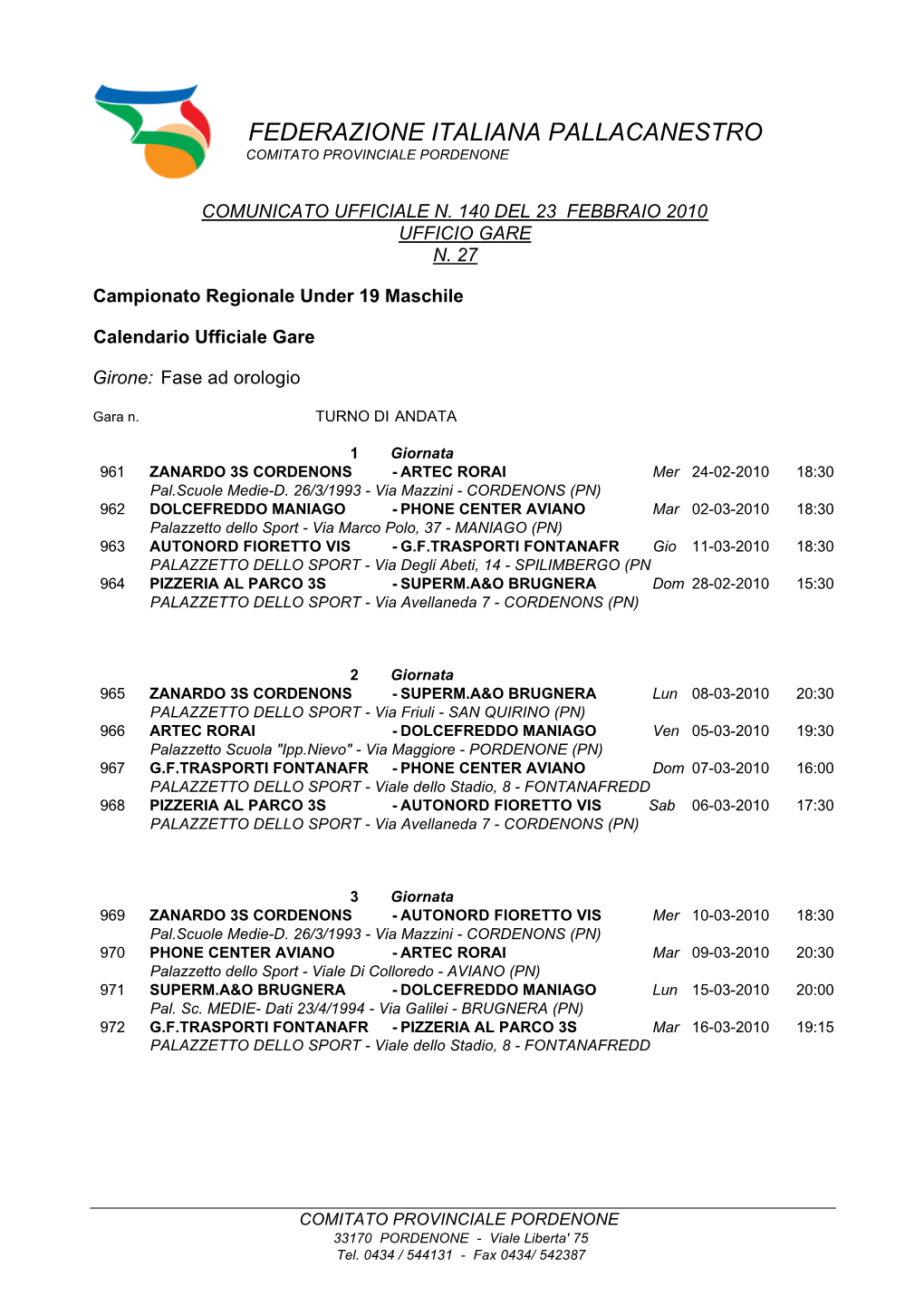 Federazione Italiana Pallacanestro Comitato Provinciale Pordenone