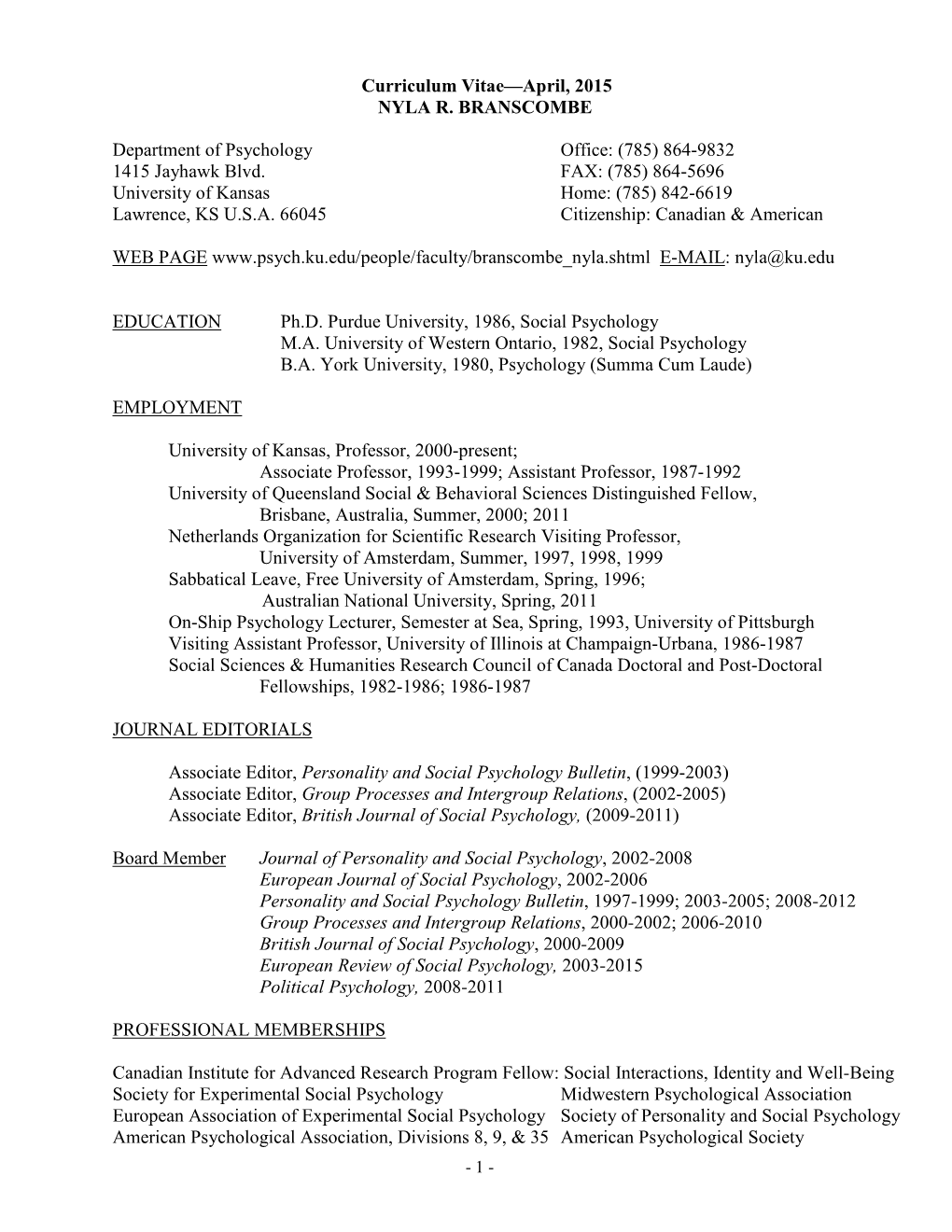 Curriculum Vitae—April, 2015 NYLA R. BRANSCOMBE Department Of