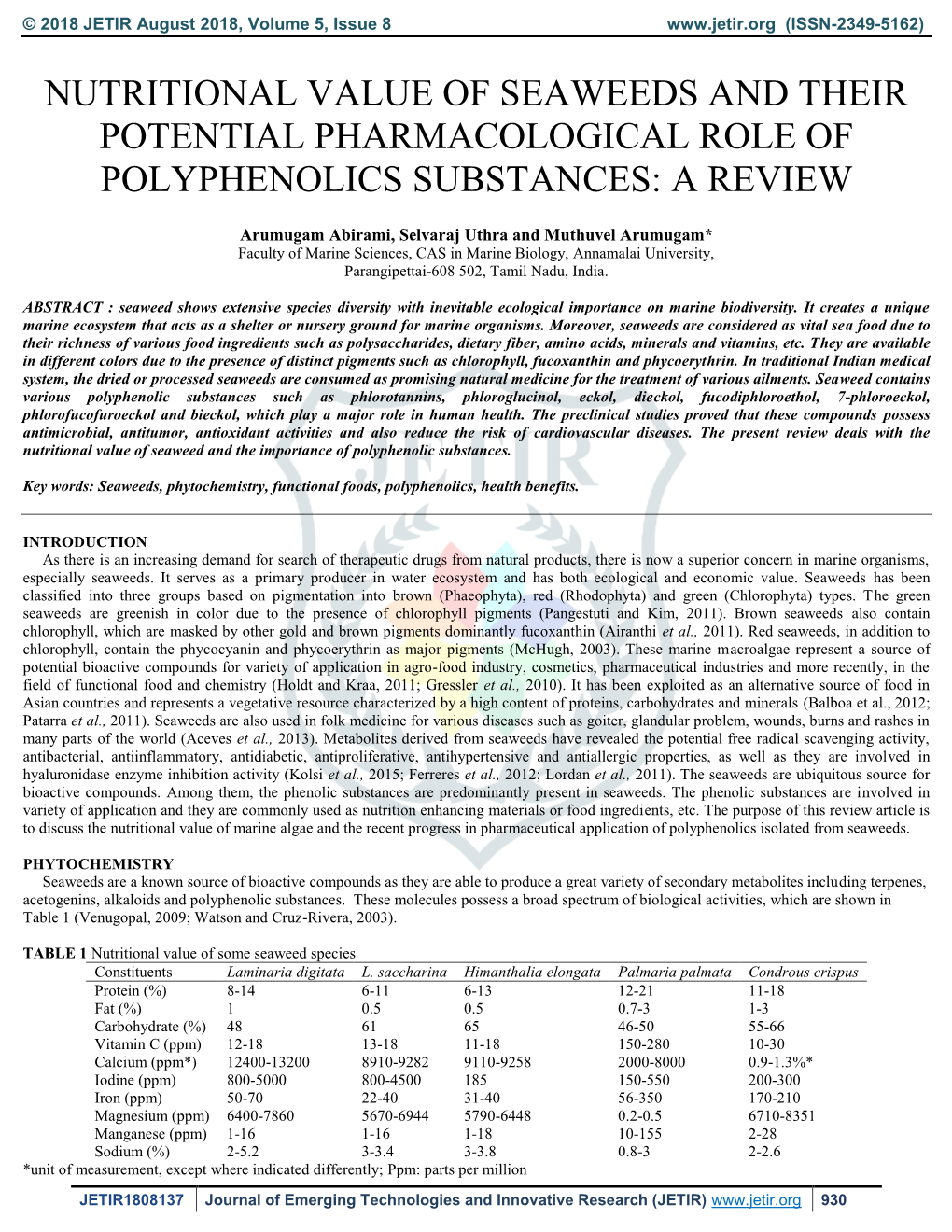 Nutritional Value of Seaweeds and Their Potential Pharmacological Role of Polyphenolics Substances: a Review