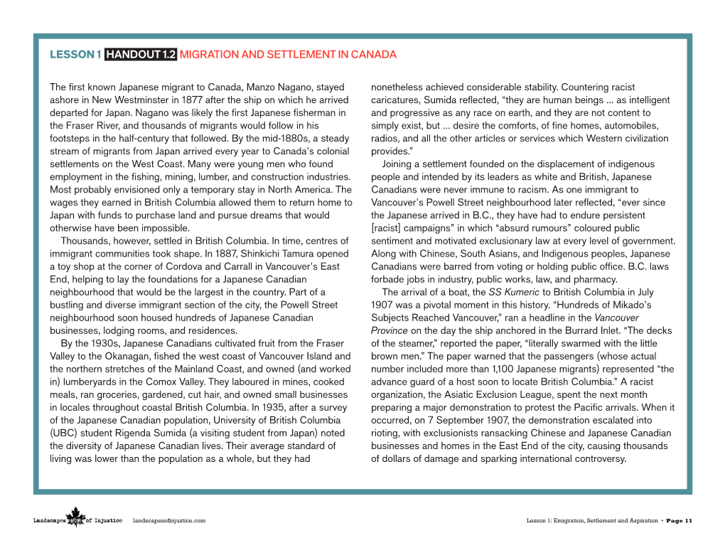 Handout 1.2 Migration and Settlement in Canada