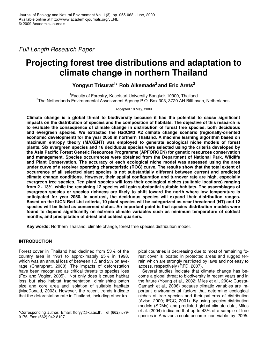 Projecting Forest Tree Distributions and Adaptation to Climate Change in Northern Thailand