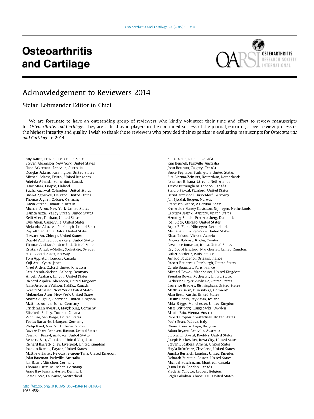 Acknowledgement to Reviewers 2014