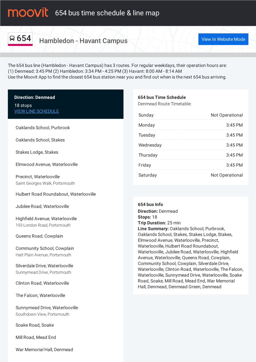 654 Bus Time Schedule & Line Route