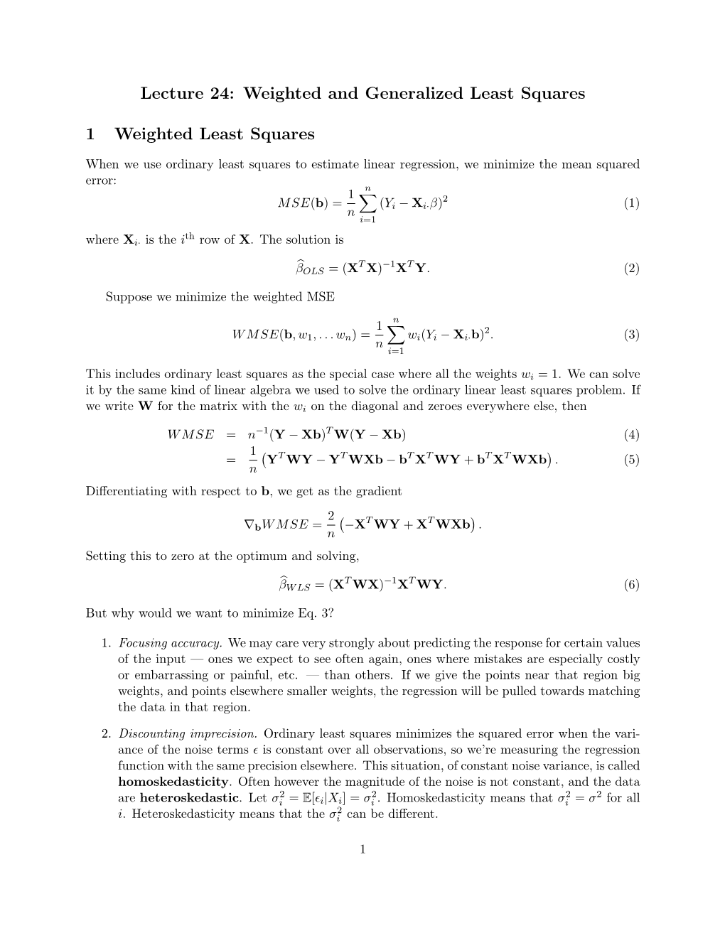 Lecture 24: Weighted and Generalized Least Squares 1