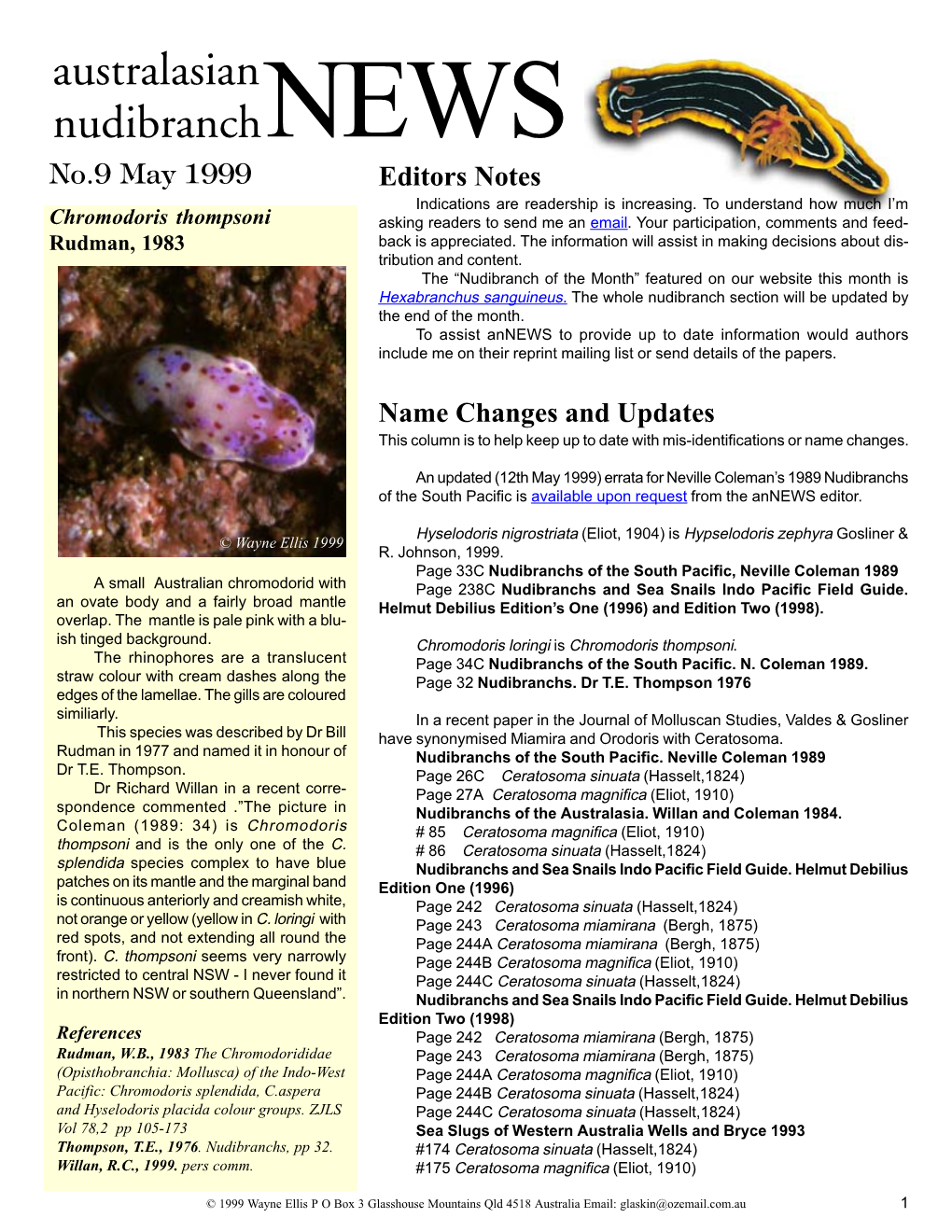 Australasian Nudibranchnews No.9 May 1999 Editors Notes Indications Are Readership Is Increasing