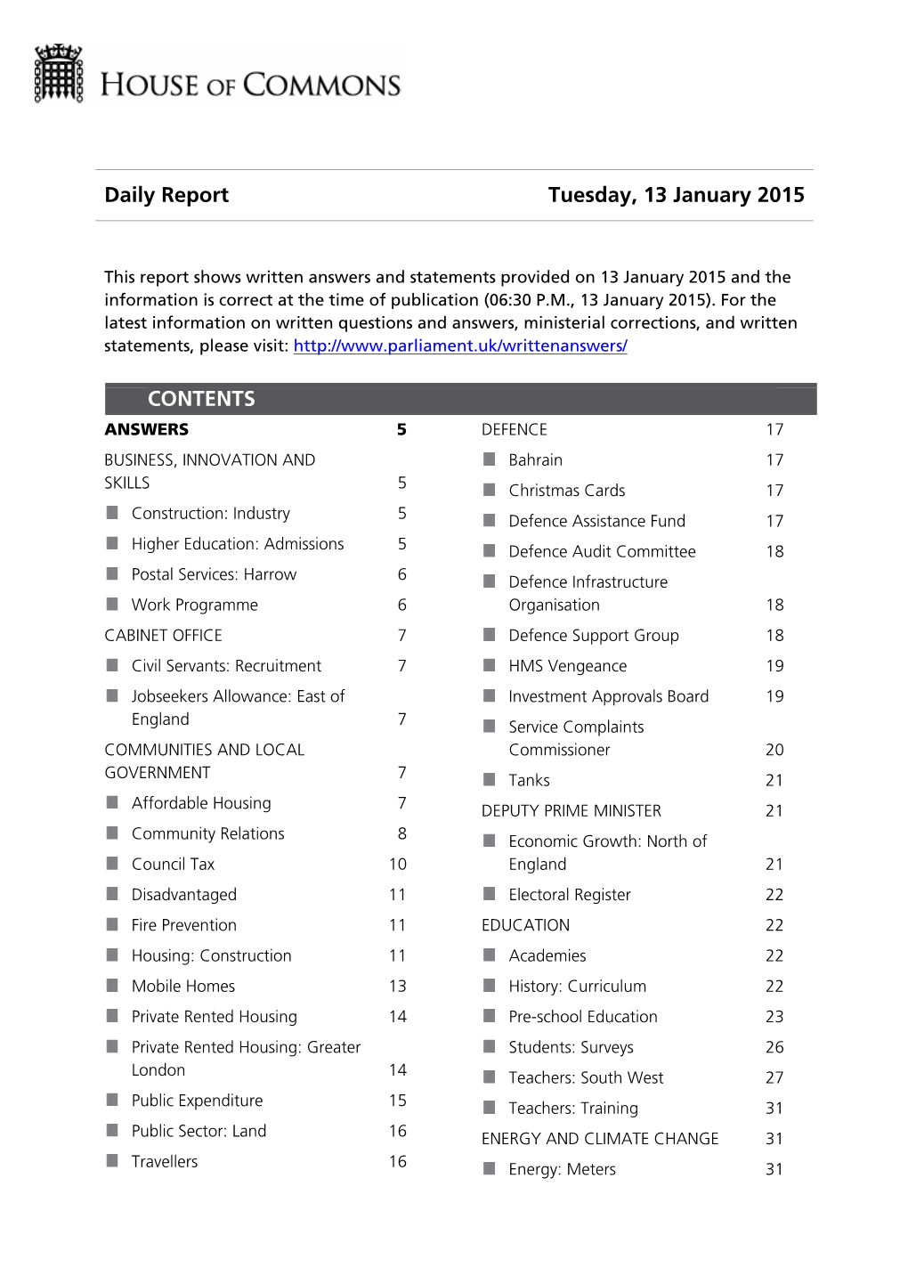 Daily Report Tuesday, 13 January 2015 CONTENTS