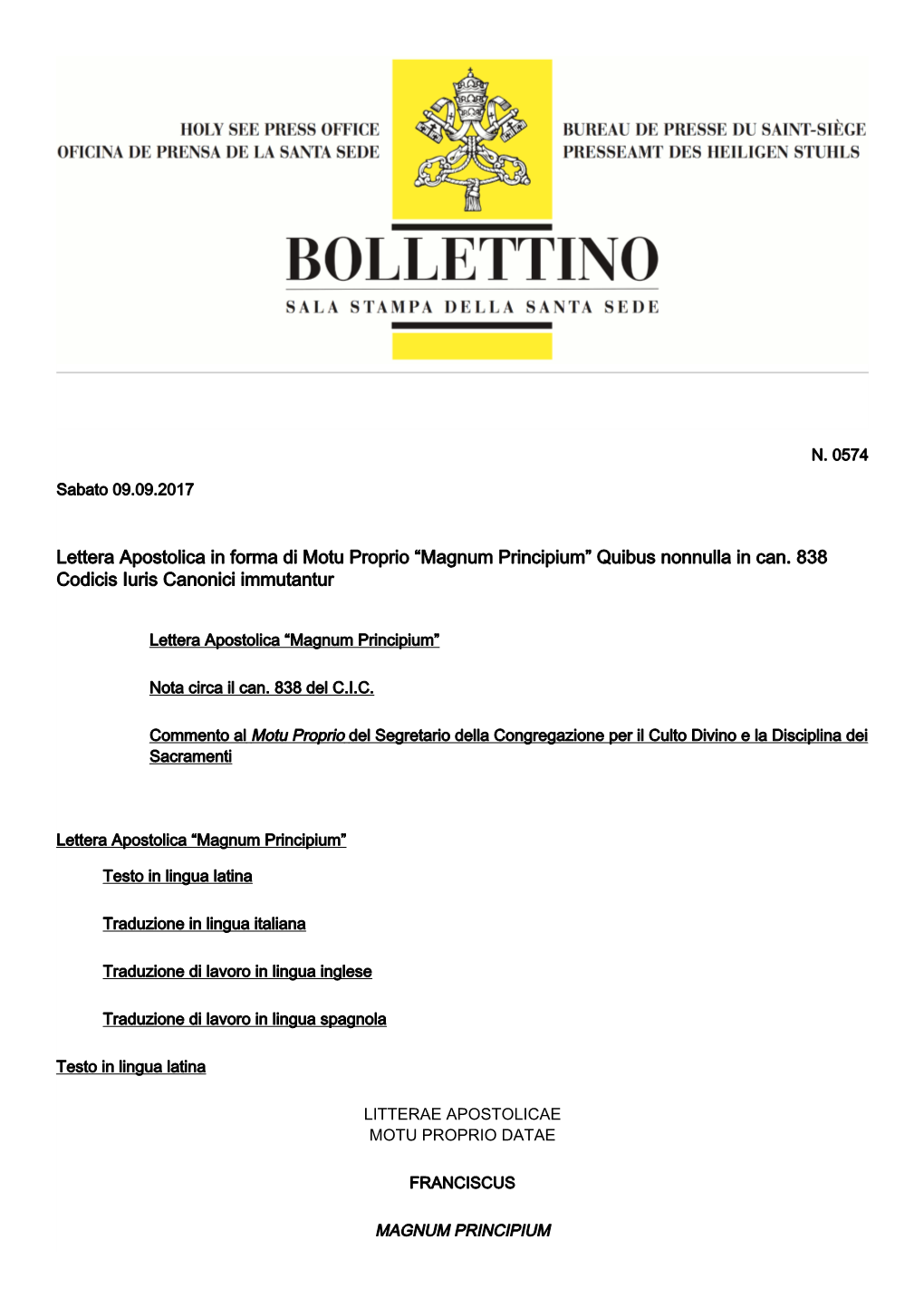 Lettera Apostolica in Forma Di Motu Proprio “Magnum Principium” Quibus Nonnulla in Can