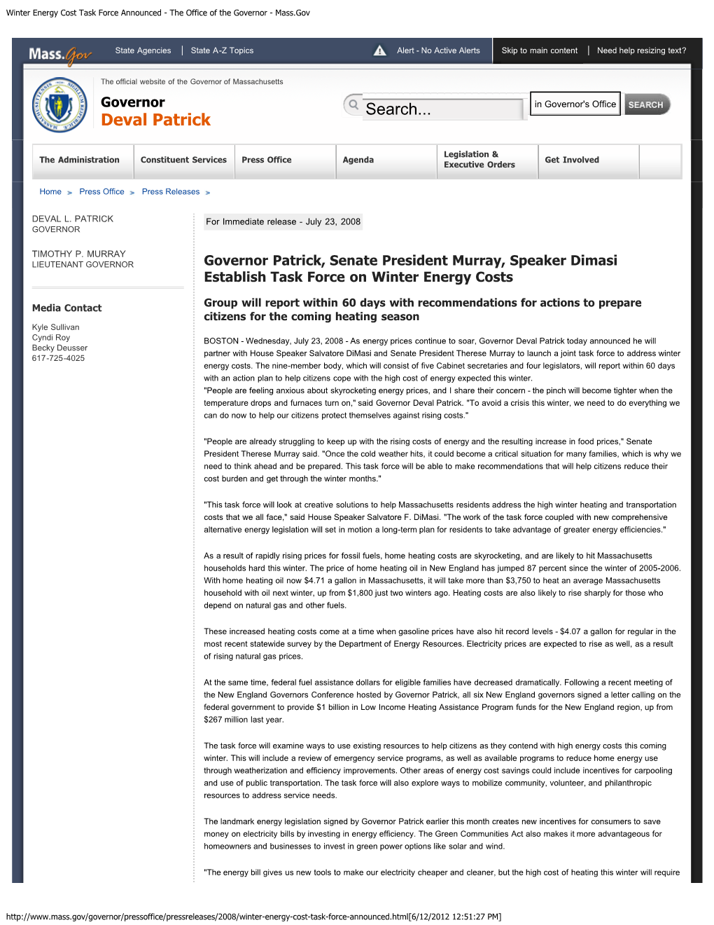 Winter Energy Cost Task Force Announced - the Office of the Governor - Mass.Gov