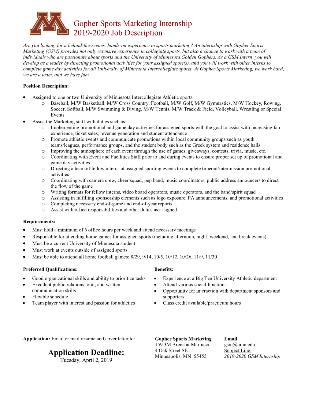 Gopher Sports Marketing Internship 2019-2020 Job Description