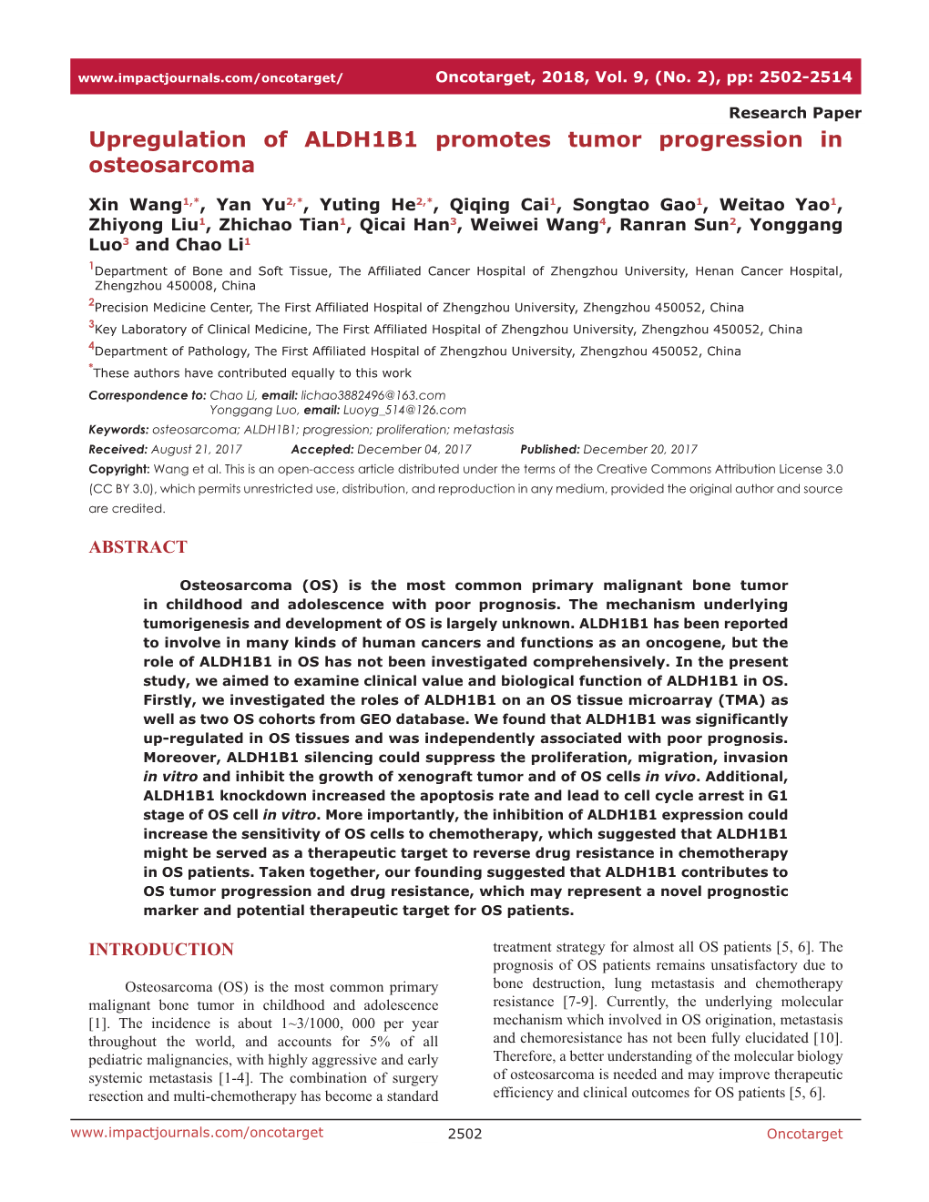 Upregulation of ALDH1B1 Promotes Tumor Progression in Osteosarcoma