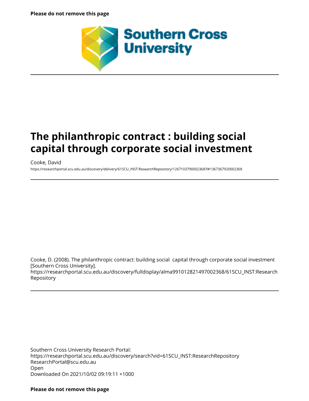 The Philanthropic Contract : Building Social Capital Through Corporate Social Investment