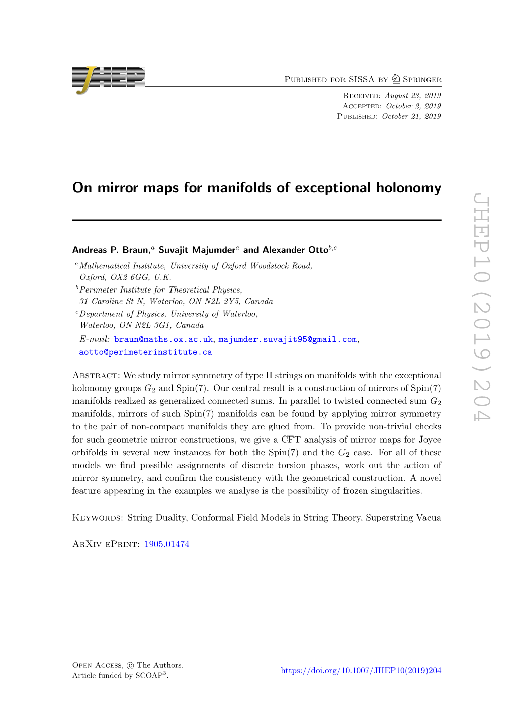 On Mirror Maps for Manifolds of Exceptional Holonomy JHEP10(2019)204 ]) 2 and 2 G ] (See Also [ 1 21 31 ]