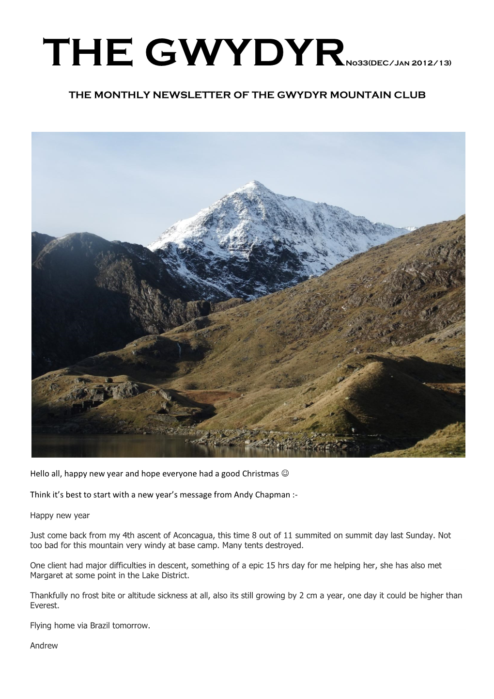 The Monthly Newsletter of the Gwydyr Mountain Club