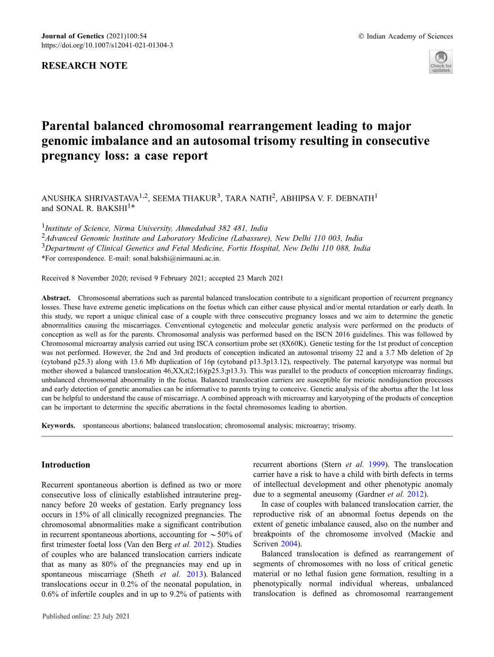 Parental Balanced Chromosomal Rearrangement Leading to Major Genomic Imbalance and an Autosomal Trisomy Resulting in Consecutive Pregnancy Loss: a Case Report