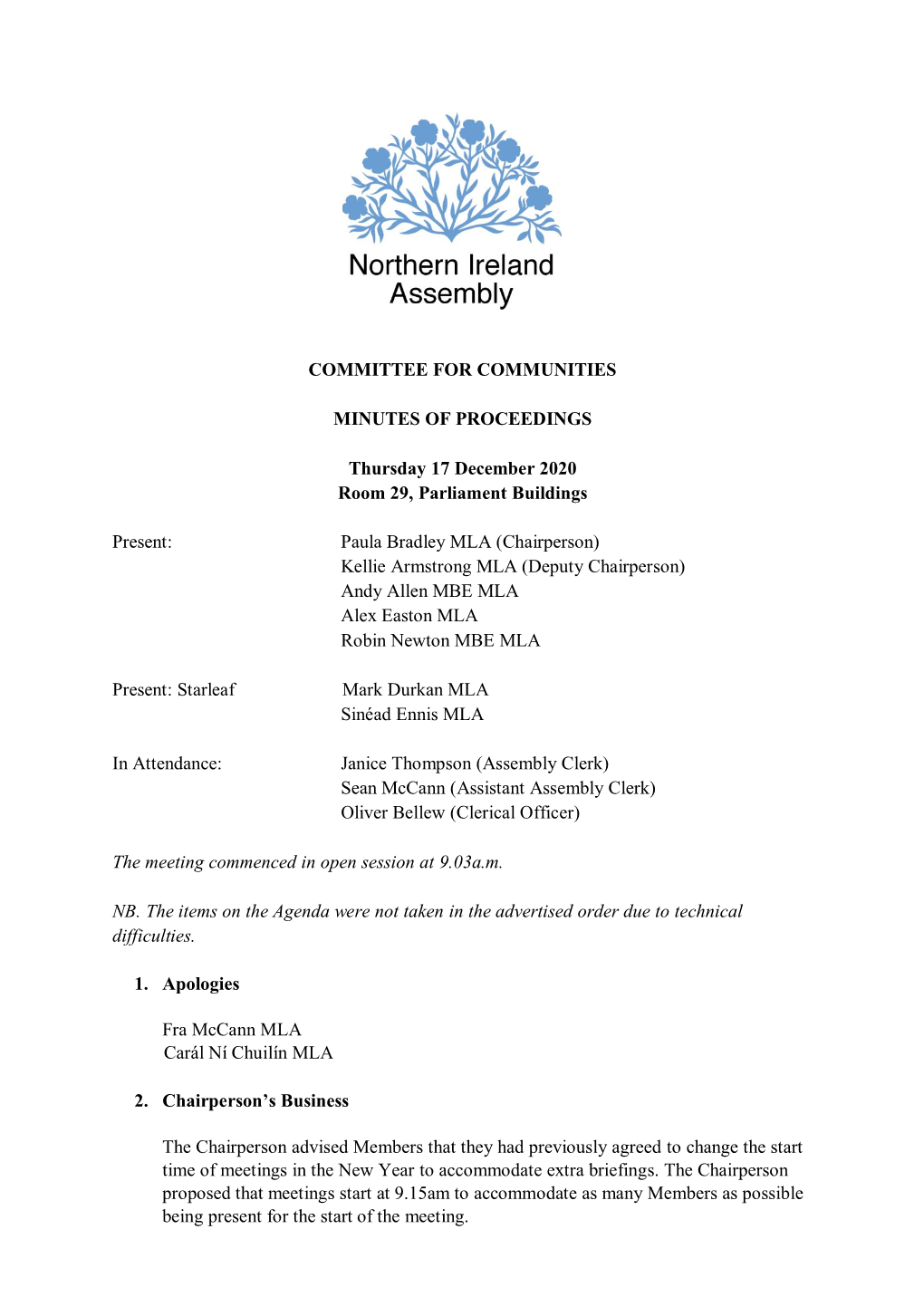 COMMITTEE for COMMUNITIES MINUTES of PROCEEDINGS Thursday 17 December 2020 Room 29, Parliament Buildings Present