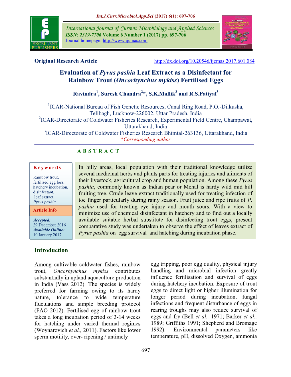 Evaluation of Pyrus Pashia Leaf Extract As a Disinfectant for Rainbow Trout (Oncorhynchus Mykiss) Fertilised Eggs