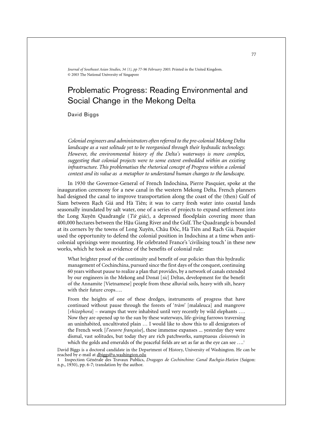 Problematic Progress: Reading Environmental and Social Change in the Mekong Delta