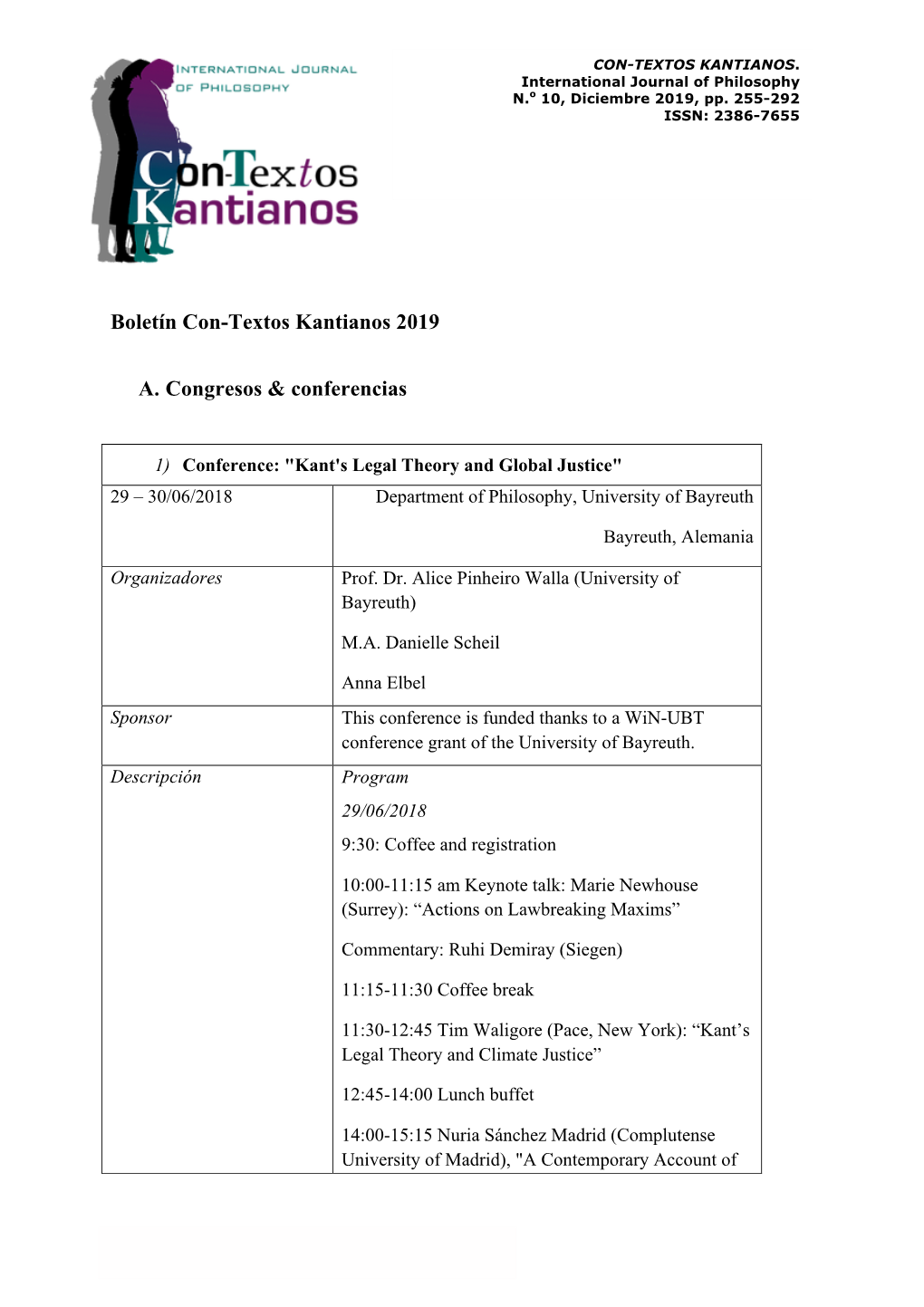Boletín Con-Textos Kantianos 2019 A. Congresos & Conferencias