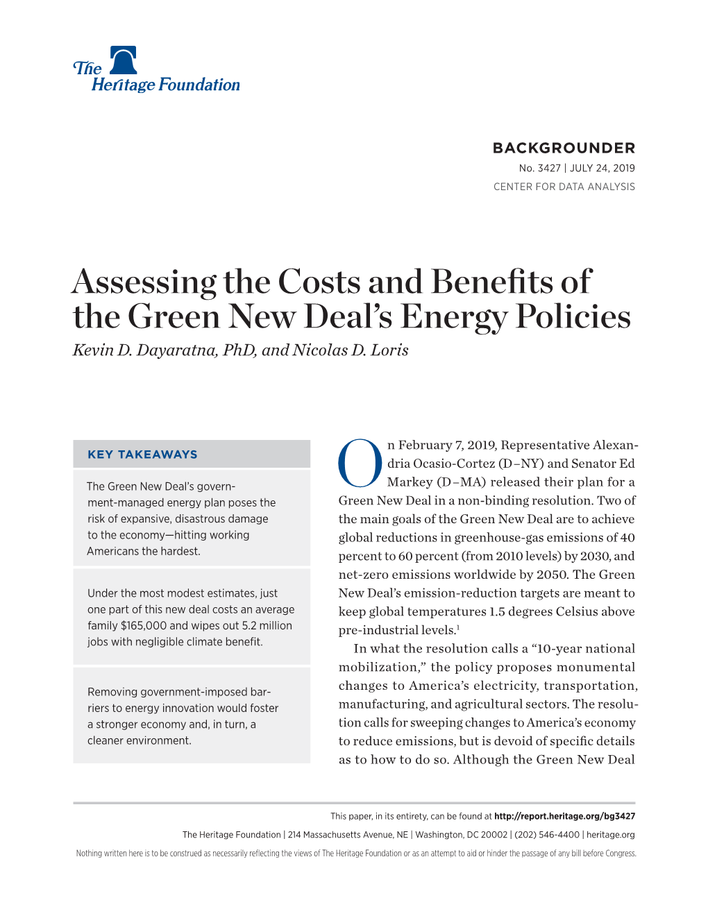 Assessing the Costs and Benefits of the Green New Deal's Energy Policies