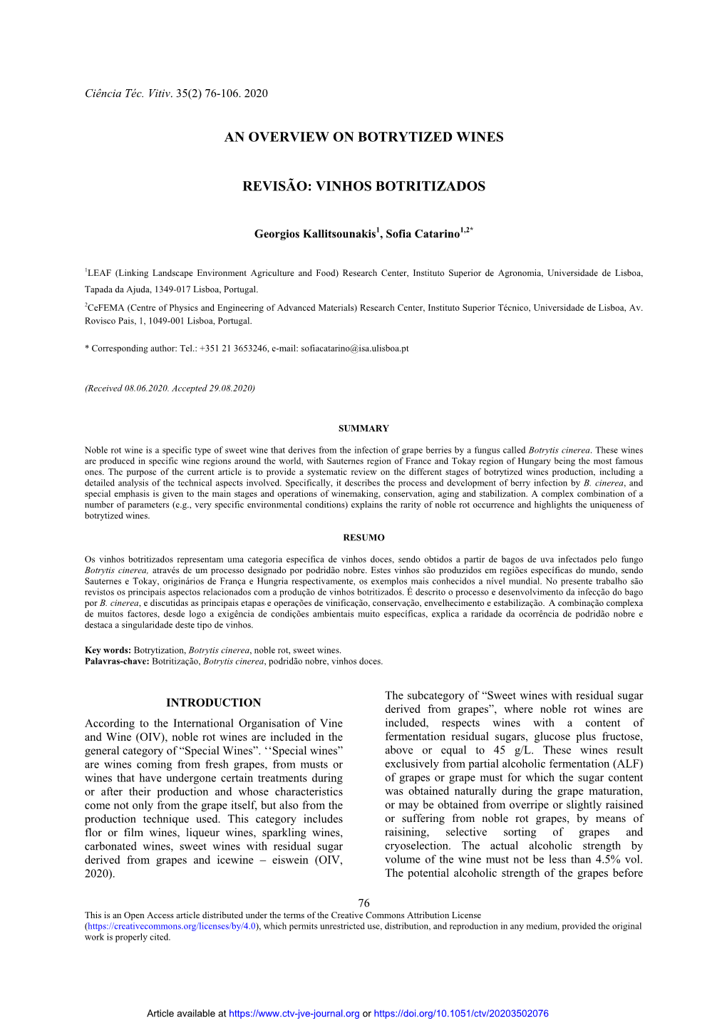 An Overview on Botrytized Wines Revisão: Vinhos Botritizados