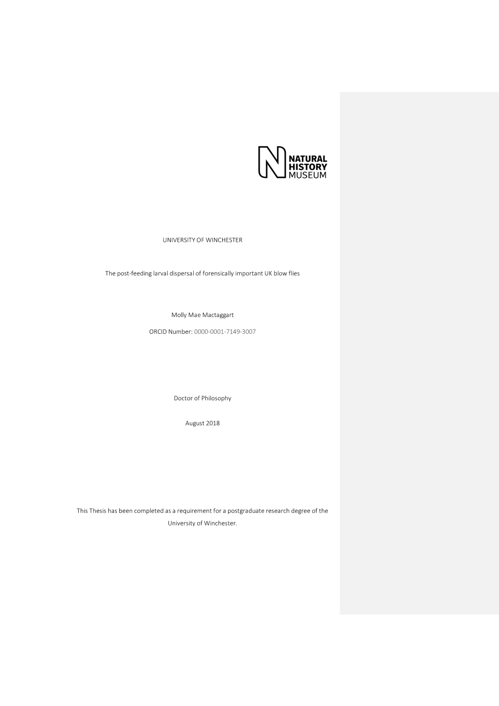 UNIVERSITY of WINCHESTER the Post-Feeding Larval Dispersal Of