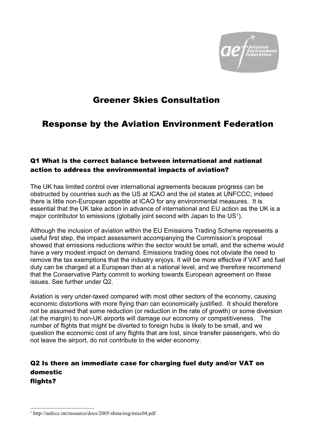 Response by the Aviation Environment Federation