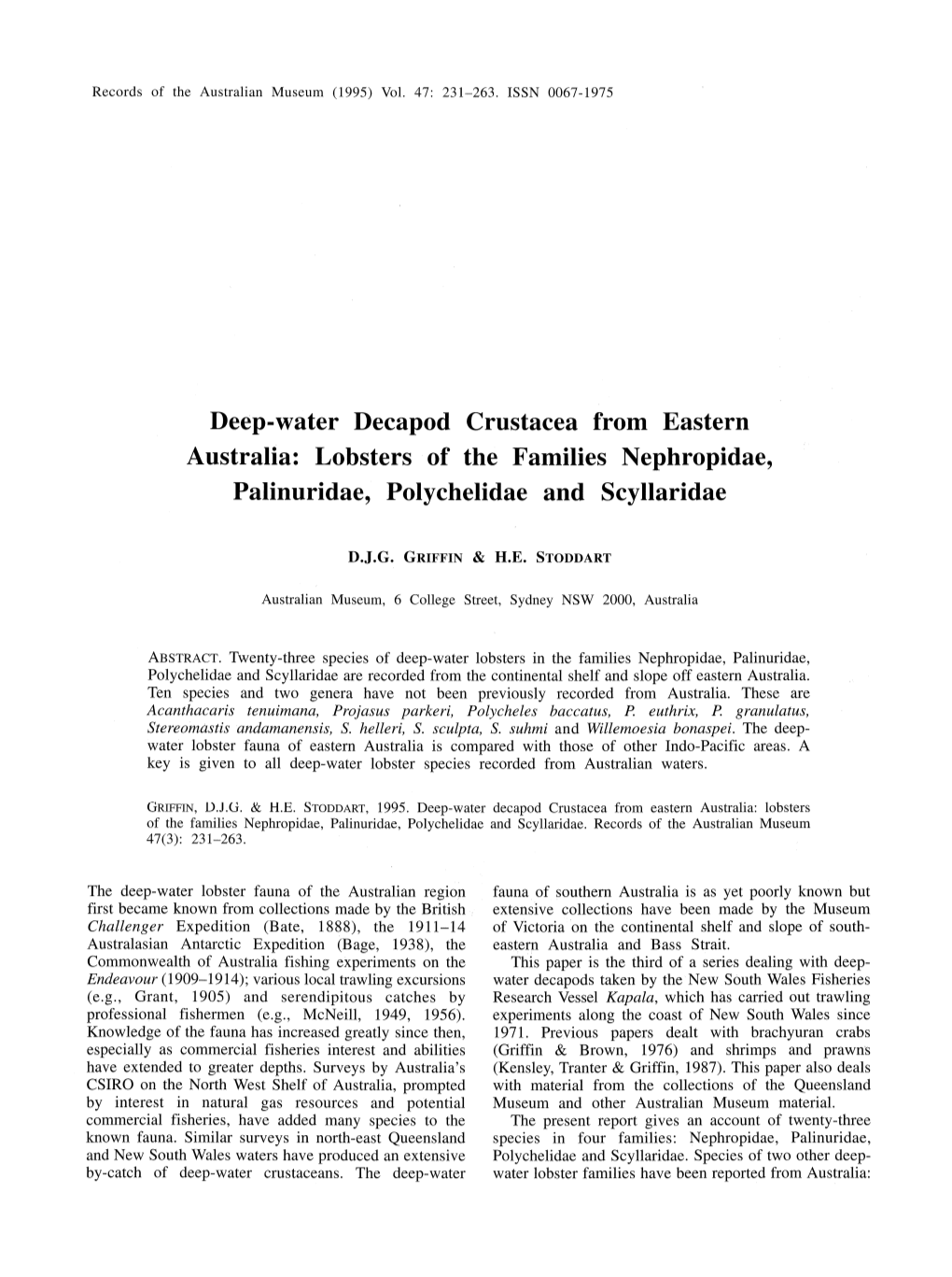 Deep-Water Decapod Crustacea from Eastern Australia: Lobsters of the Families Nephropidae, Palinuridae, Polychelidae and Scyllaridae