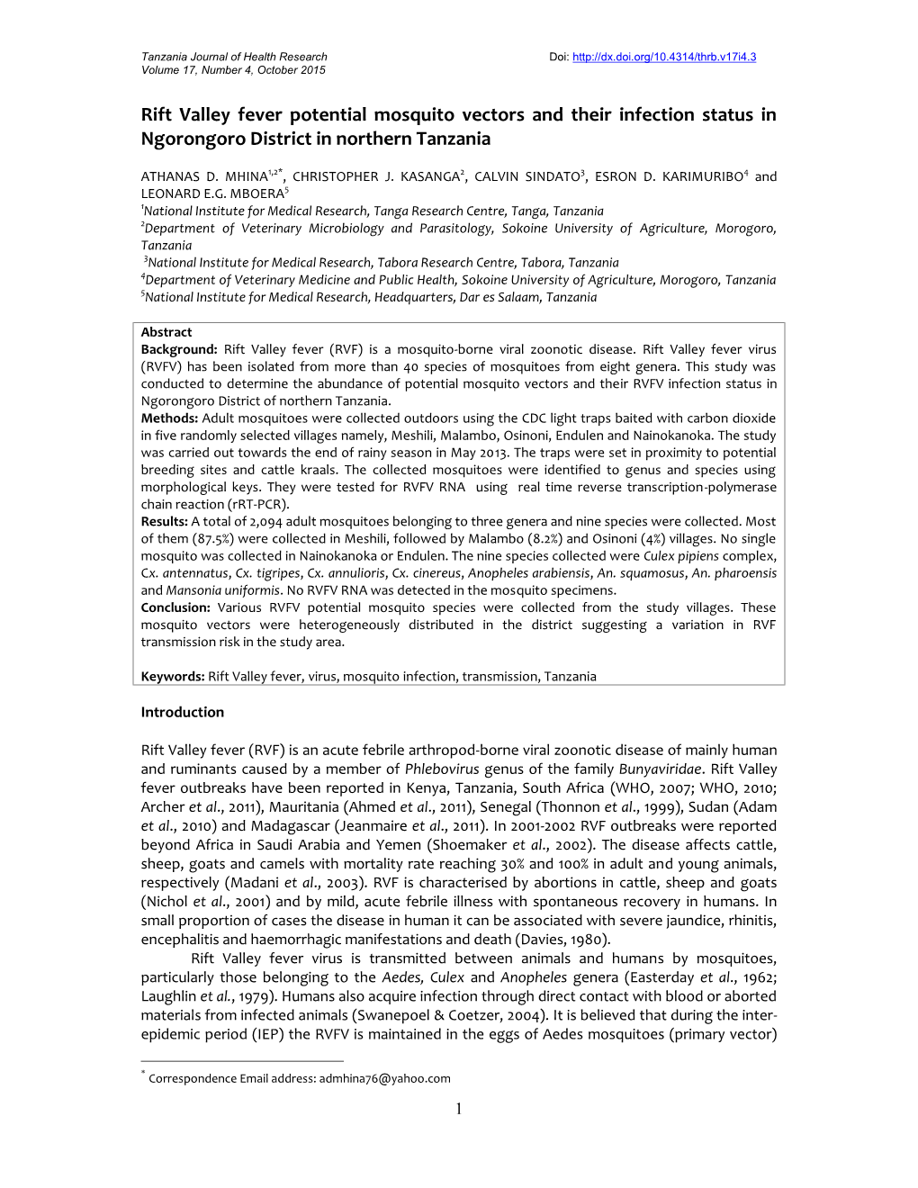 Rift Valley Fever Potential Mosquito Vectors and Their Infection Status in Ngorongoro District in Northern Tanzania