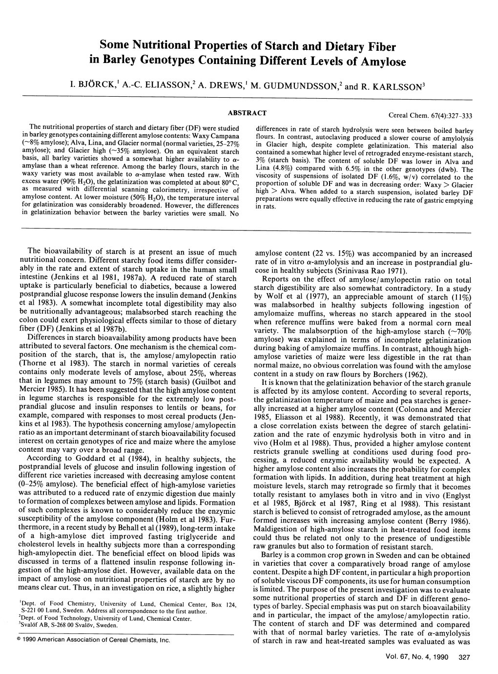 Some Nutritional Properties of Starch and Dietary Fiber in Barley Genotypes Containing Different Levels of Amylose