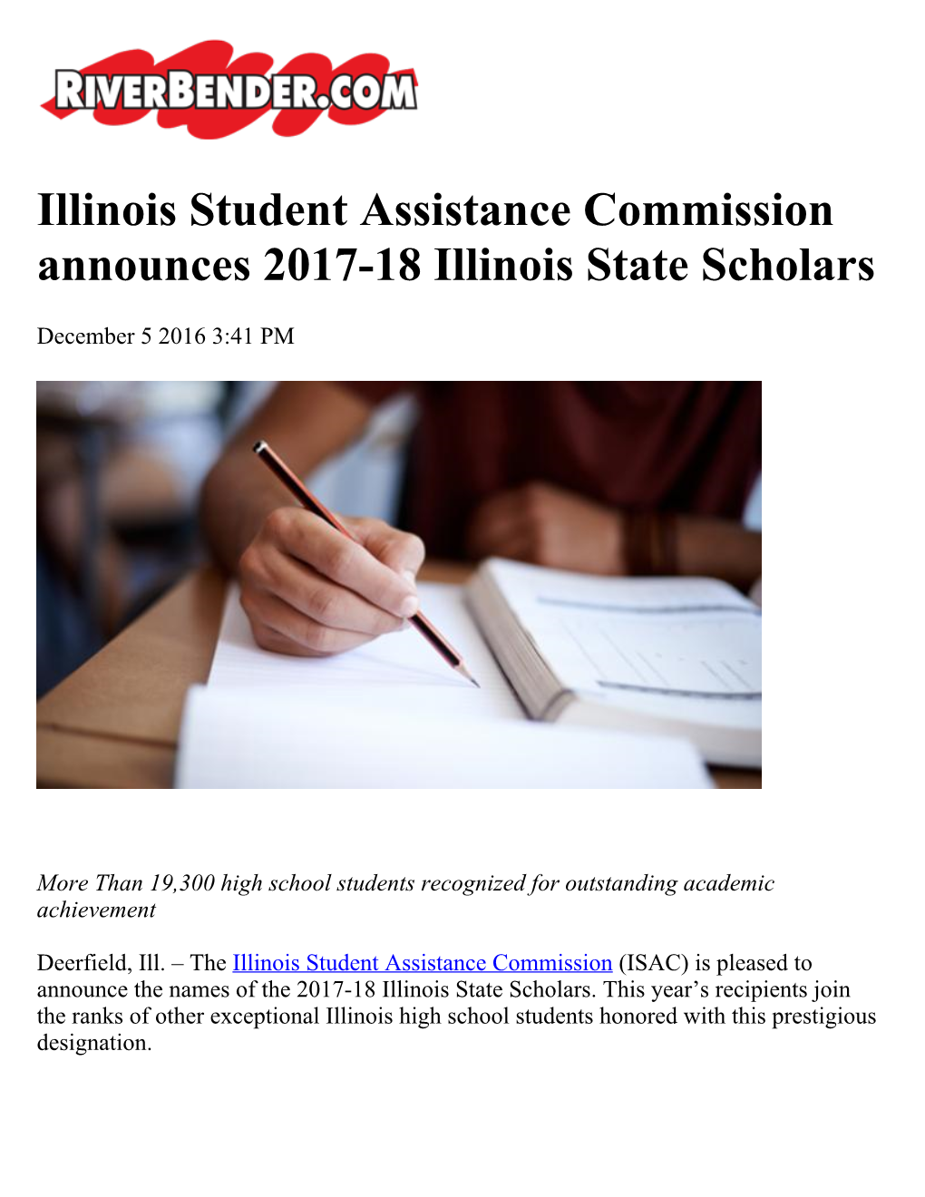 Illinois Student Assistance Commission Announces 2017-18 Illinois State Scholars