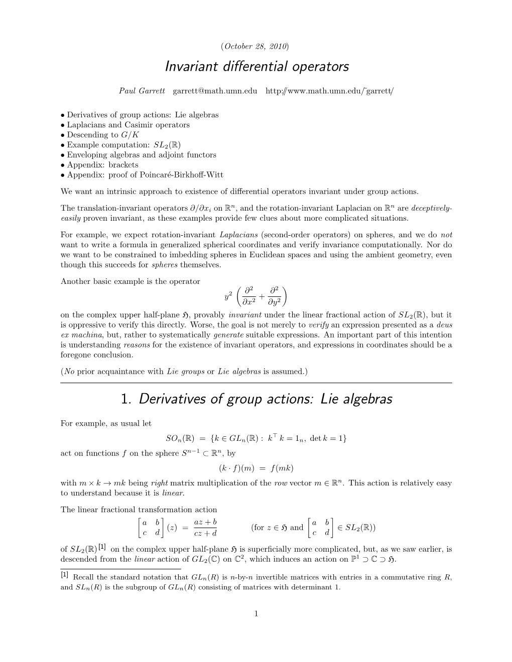 Invariant Differential Operators 1. Derivatives of Group Actions