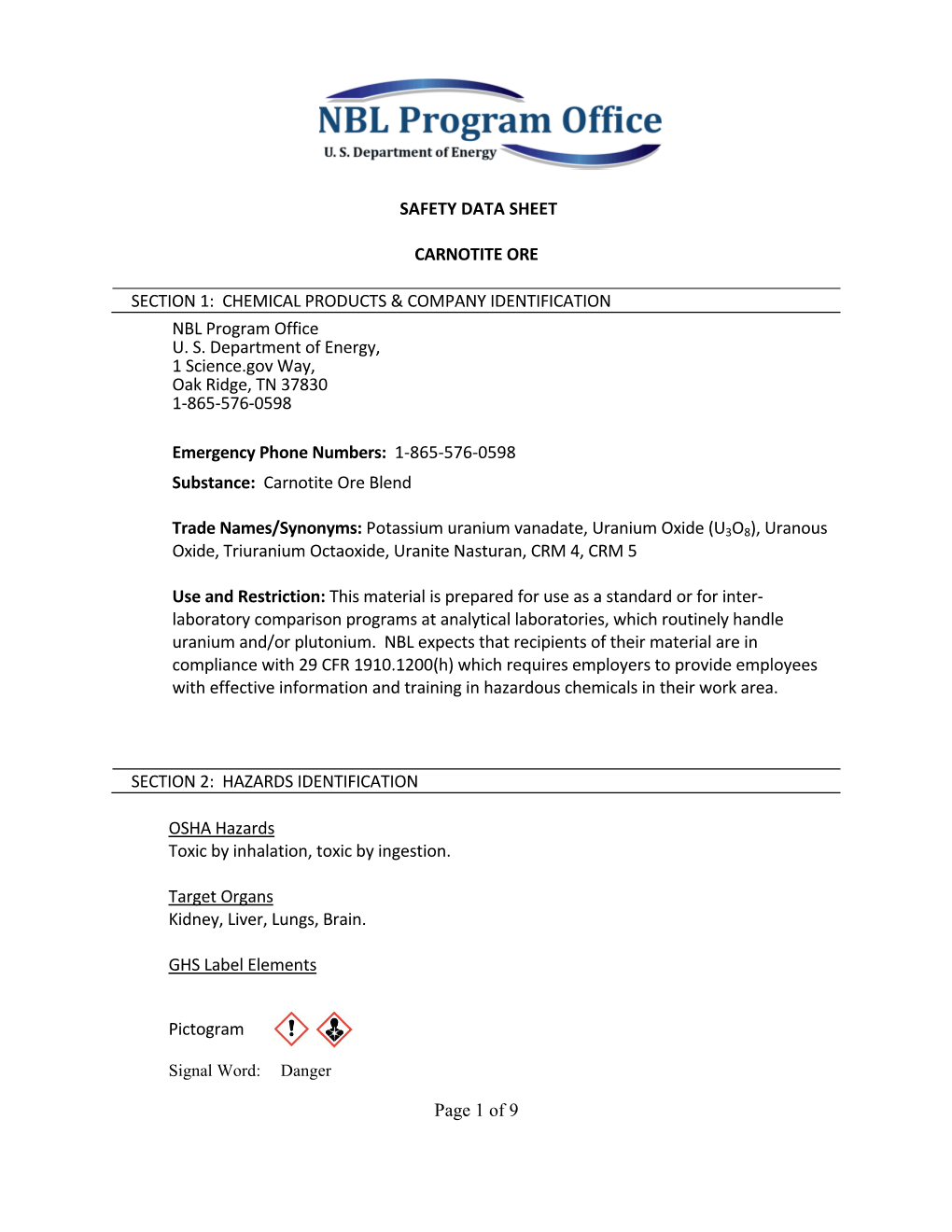 Page 1 of 9 SAFETY DATA SHEET CARNOTITE ORE SECTION 1