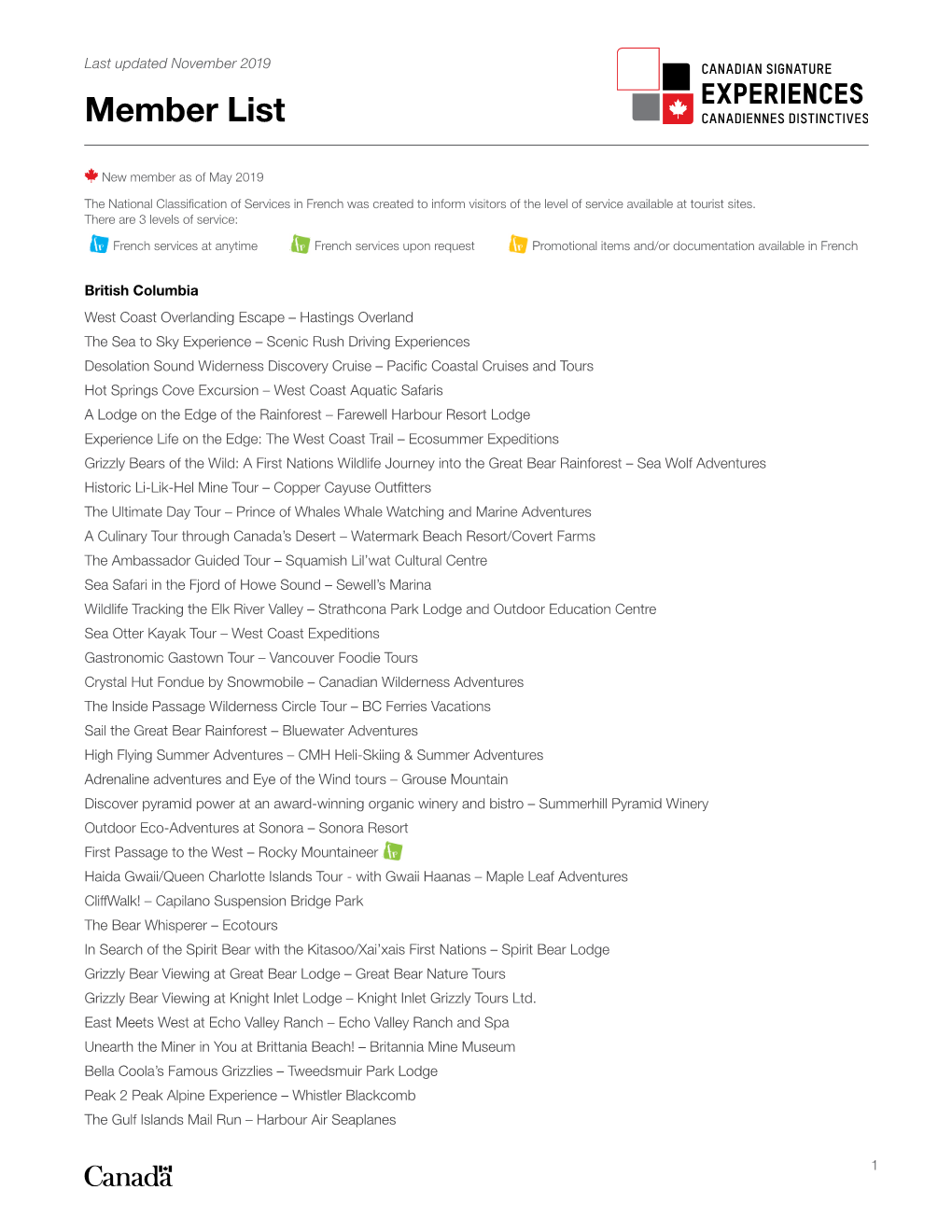 Canadian Signature Experiences Member List
