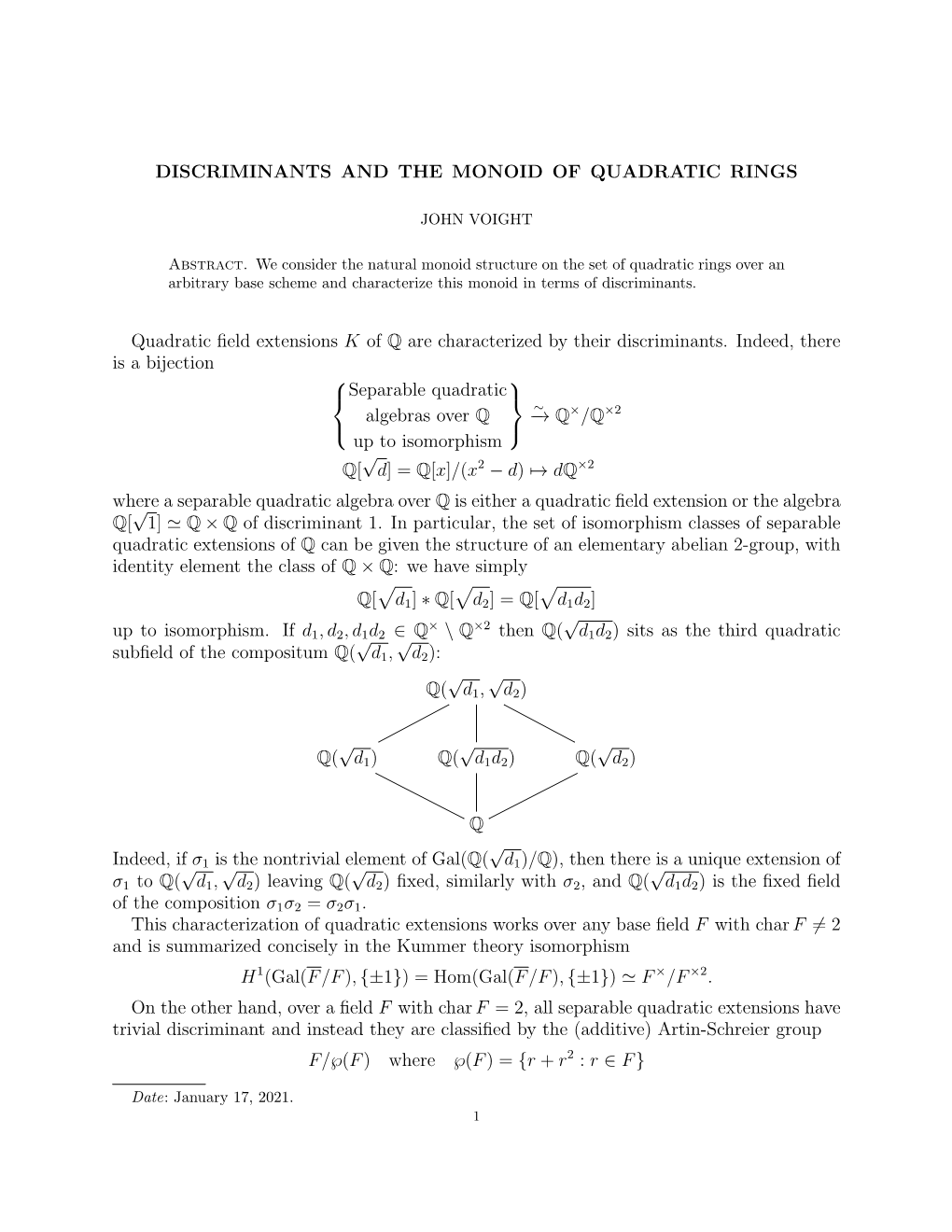 Discriminants and the Monoid of Quadratic Rings