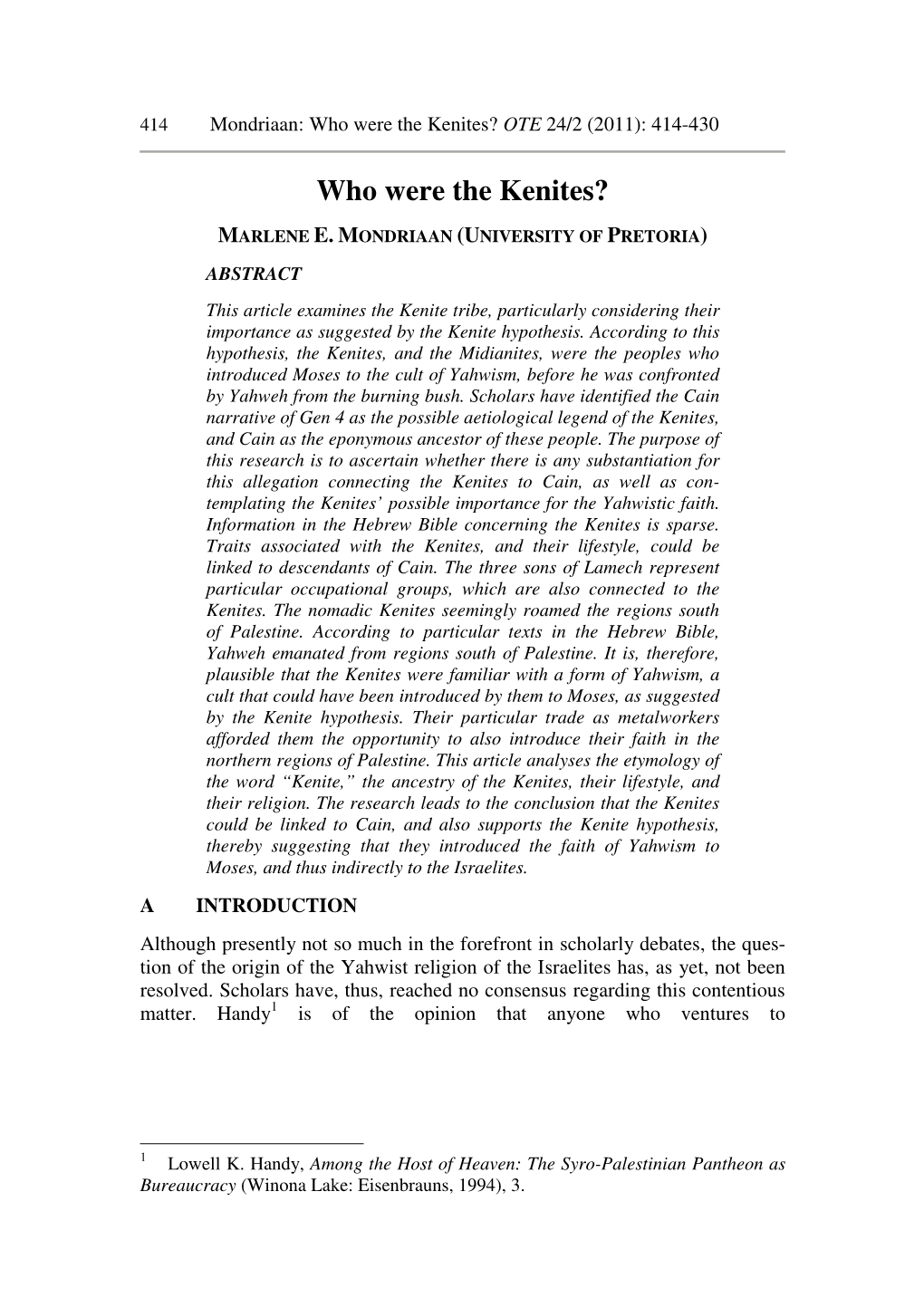 Who Were the Kenites? OTE 24/2 (2011): 414-430