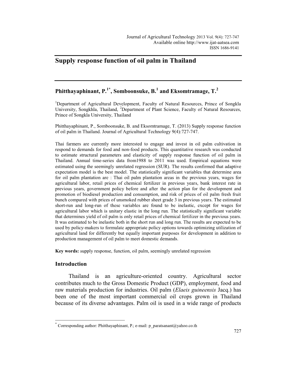 Supply Response Function of Oil Palm in Thailand