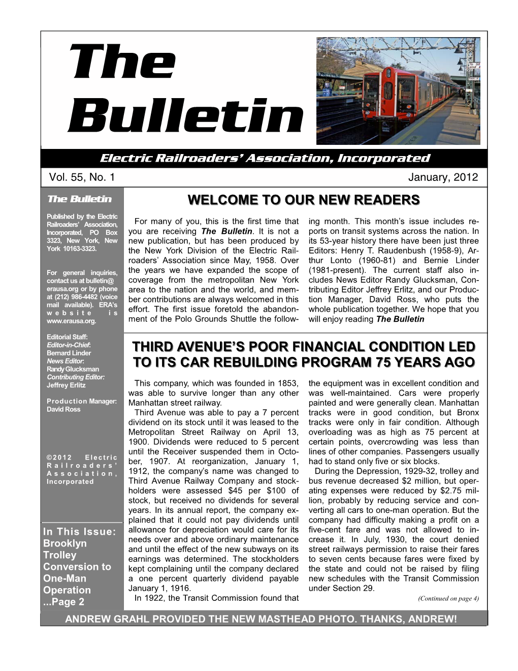BULLETIN - JANUARY, 2012 Bulletin Electric Railroaders’ Association, Incorporated Vol