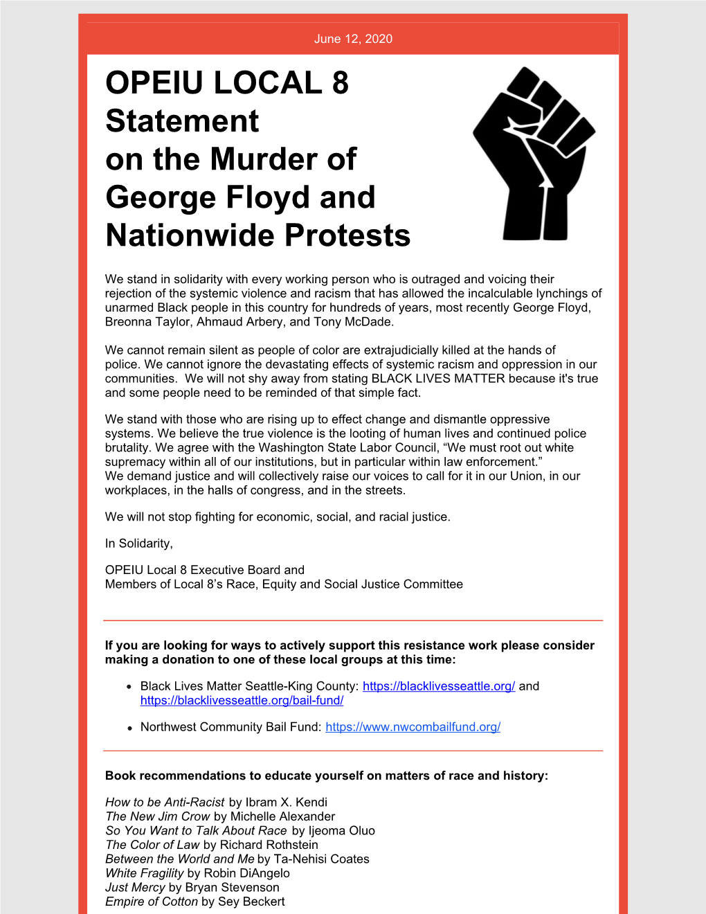 OPEIU LOCAL 8 Statement on the Murder of George Floyd and Nationwide Protests