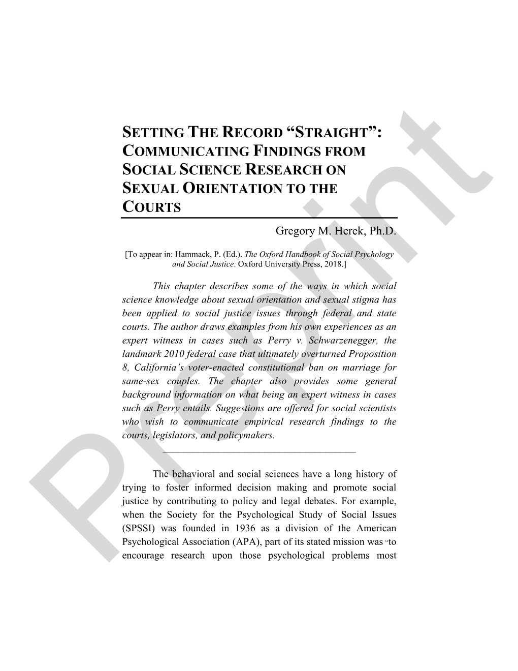 COMMUNICATING FINDINGS from SOCIAL SCIENCE RESEARCH on SEXUAL ORIENTATION to the COURTS Gregory M