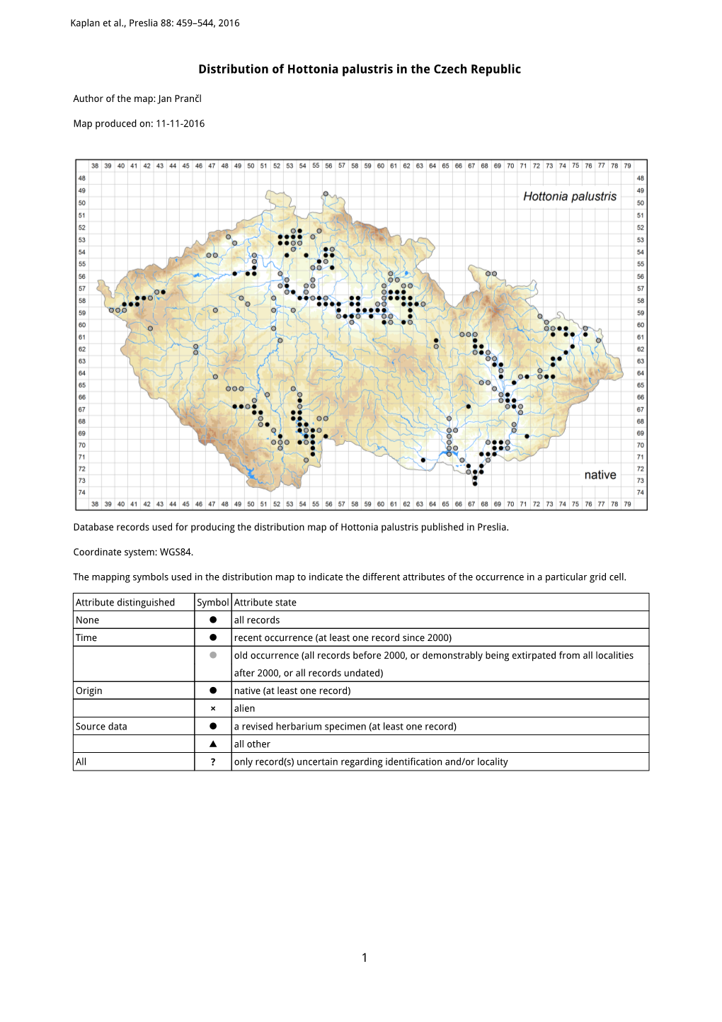 1 Distribution of Hottonia Palustris in the Czech Republic