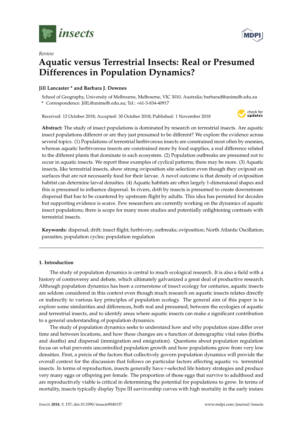 Aquatic Versus Terrestrial Insects: Real Or Presumed Differences in Population Dynamics?