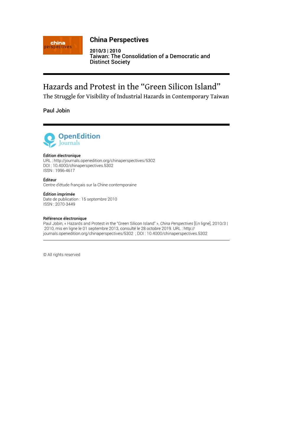 Hazards and Protest in the “Green Silicon Island” the Struggle for Visibility of Industrial Hazards in Contemporary Taiwan