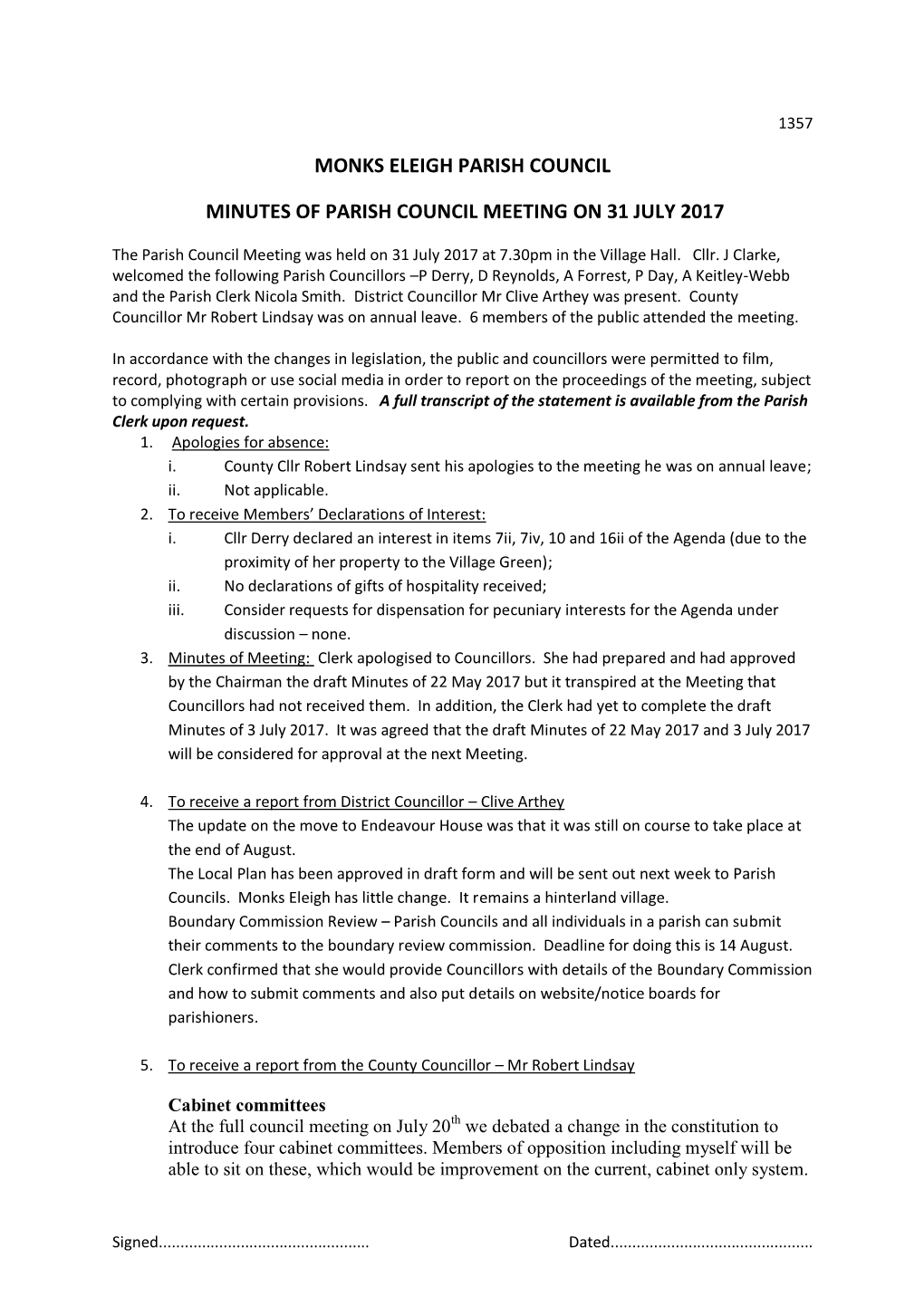 Monks Eleigh Parish Council Minutes of Parish Council