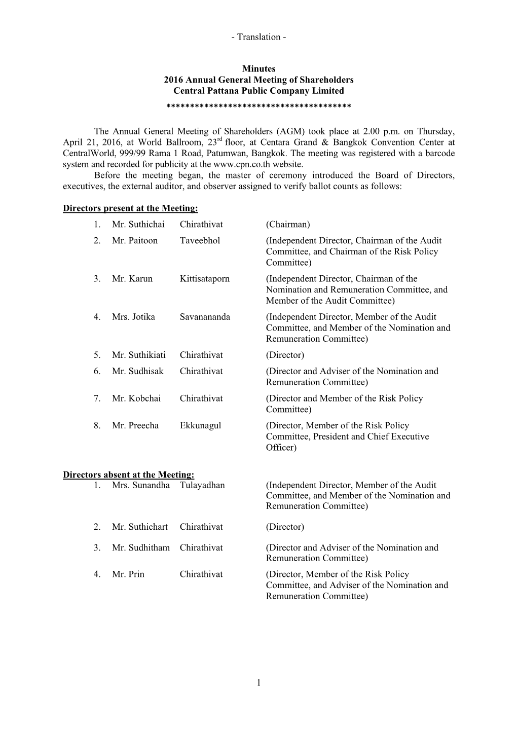 Minutes 2016 Annual General Meeting of Shareholders Central Pattana Public Company Limited