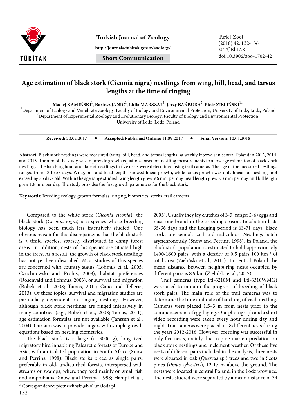 Age Estimation of Black Stork (Ciconia Nigra) Nestlings from Wing, Bill, Head, and Tarsus Lengths at the Time of Ringing