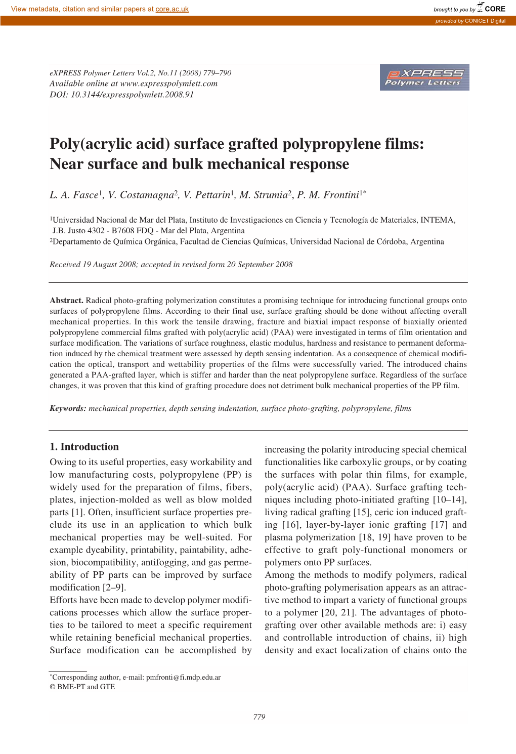 Poly(Acrylic Acid) Surface Grafted Polypropylene Films: Near Surface and Bulk Mechanical Response