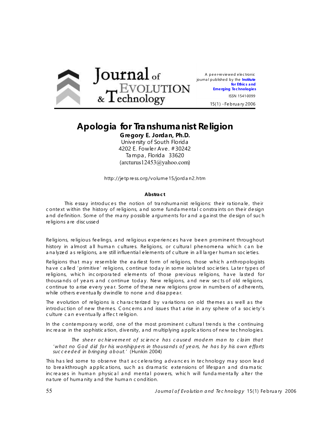 Apologia for Transhumanist Religion Gregory E