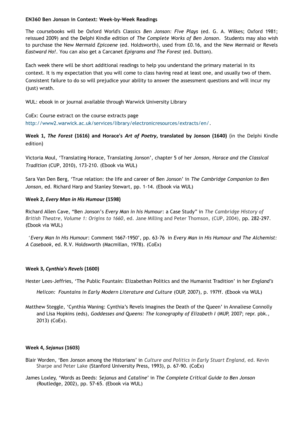 EN360 Ben Jonson in Context: Week-By-Week Readings