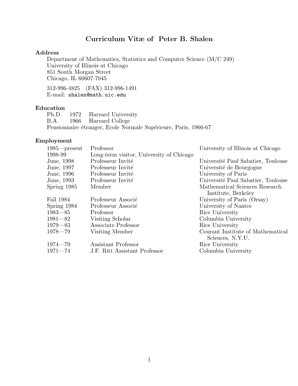 Curriculum Vitæ of Peter B. Shalen