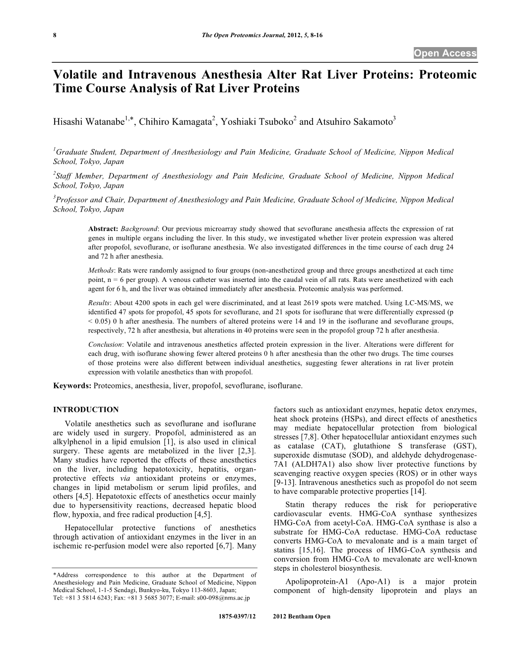 Volatile and Intravenous Anesthesia Alter Rat Liver Proteins: Proteomic Time Course Analysis of Rat Liver Proteins